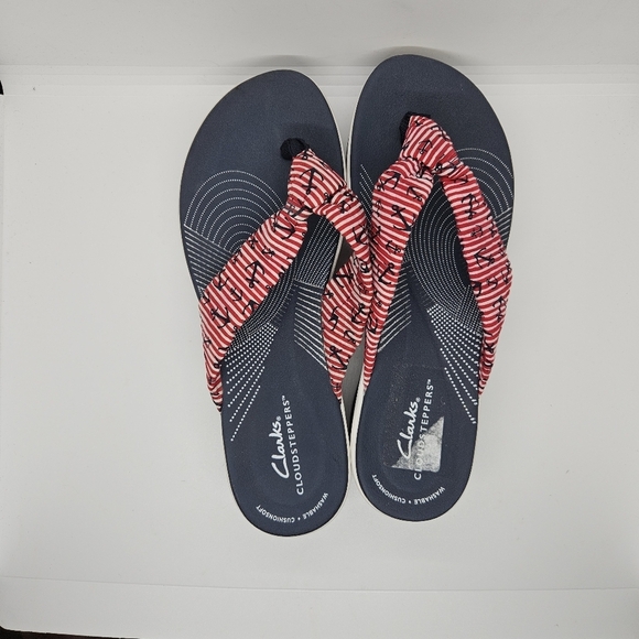 Clarks Cloudsteppers Arla Glison thong sandals red navy blue nautical size 8M - Picture 5 of 9
